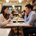 向かい合って座る男女